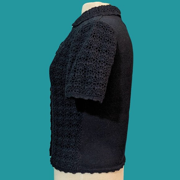 Worthington Vintage Navy Crochet Short Sleeve Sweater Cardigan Size S Preowned - Picture 3 of 7